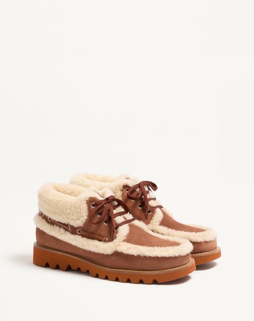 Valentino Garavani - Palm Avenue Ankle Boot In Crust Leather And Wool - Tobacco/natural - Man - Loafers And Driver