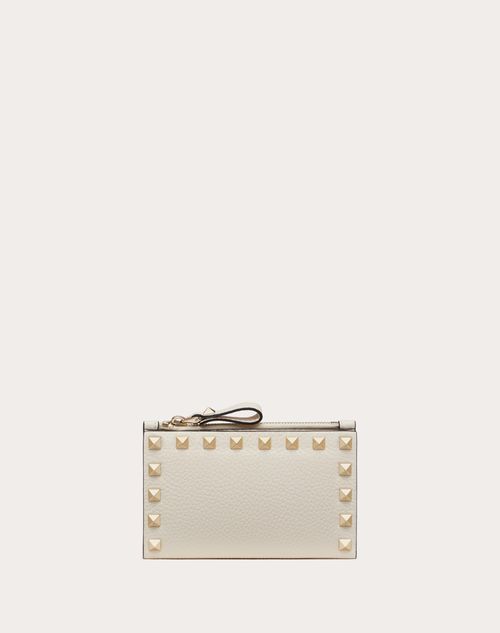 Valentino Garavani - Rockstud Grainy Calfskin Cardholder With Zipper - Light Ivory - Woman - Wallets And Small Leather Goods