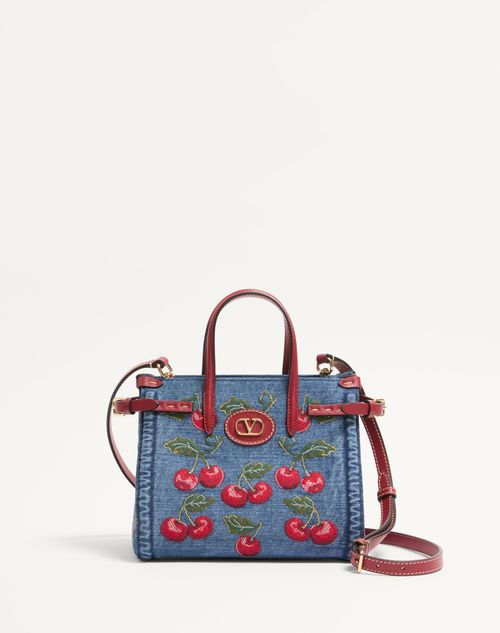 Valentino Garavani - Valentino Garavani Antibes Small Denim Shopping Bag With Cherryfic Embroidery - Denim/multicolour - Woman - Totes