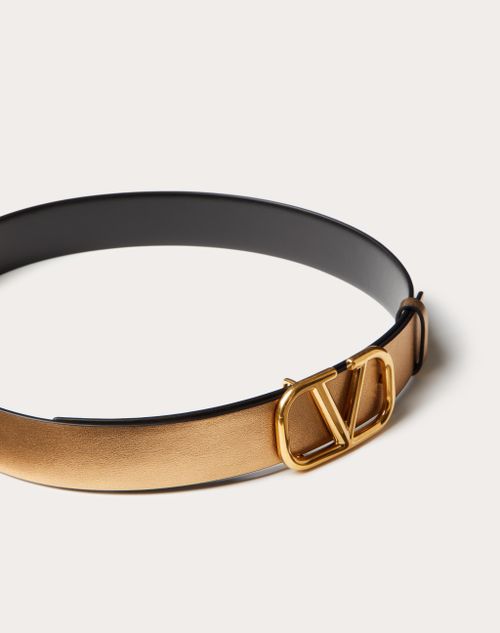 Valentino Garavani - Vlogo Signature Reversible Belt In Shiny And Metallic Calfskin 30mm - Antique Brass/black - Woman - Belts - Accessories