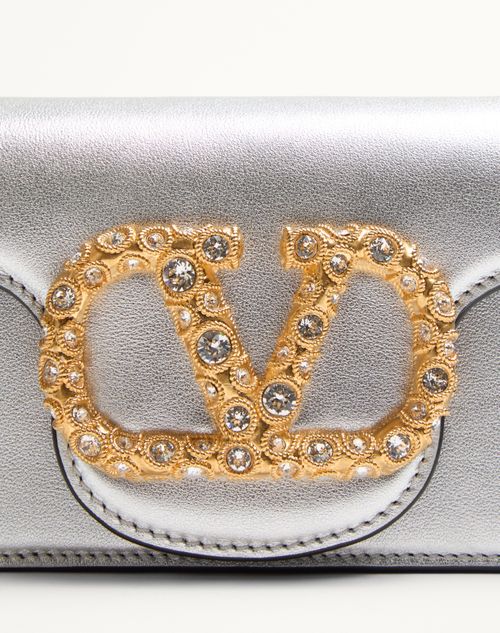 Valentino Garavani - Valentino Garavani Locò Small Shoulder Bag In Laminated Calfskin With Jewel Logo - Silver - Woman - Shoulder Bags