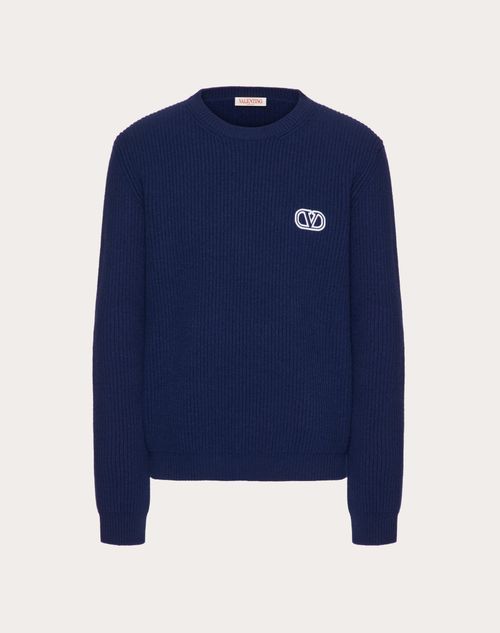 Valentino - Wool Crewneck Sweater With Vlogo Signature Patch - Navy - Man - Pre Ss23 - M