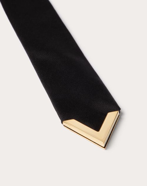 Valentino Garavani - Wool And Silk Valentie Tie With Metal V Appliqué - Black/gold - Woman - Soft Accessories