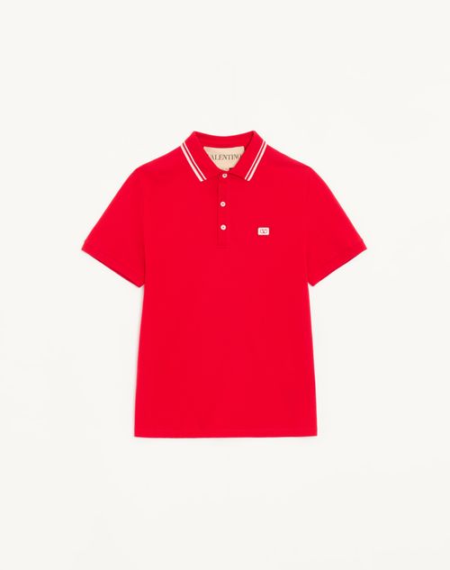 Valentino - Cotton Piqué Polo Shirt With Vlogo Patch - Red - Man - T-shirts And Sweatshirts