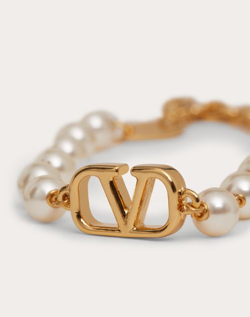 V Logo Faux Pearl And Crystal Ring in Gold - Valentino