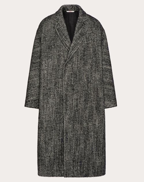 Valentino - Manteau En Laine Technique À Motif Chevron Façon All-over - Blanc/noir - Homme - Prêt-à-porter