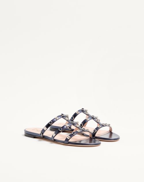 Valentino Garavani - Rockstud Slide Sandal In Laminated Nappa With Cabochon - Navy - Woman - Slides And Thongs