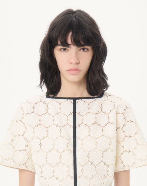 Valentino - Midi Dress In Fleurs À Jours Cotton - Latte/black - Woman - Dresses