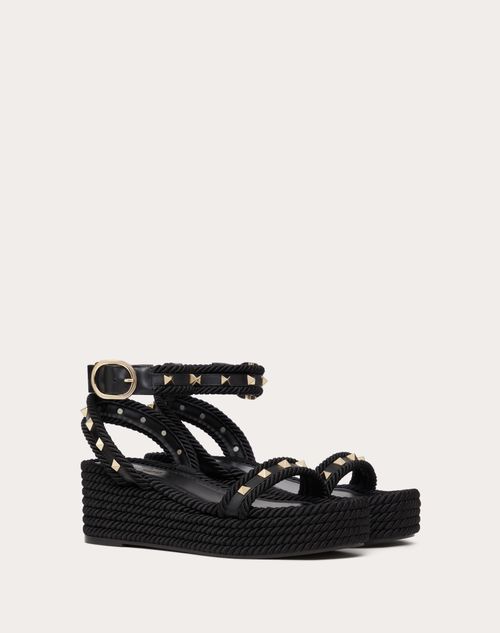 Valentino Garavani - Rockstud Flatform Sandal In Calfskin 45mm - Black - Woman - Espadrilles And Wedges