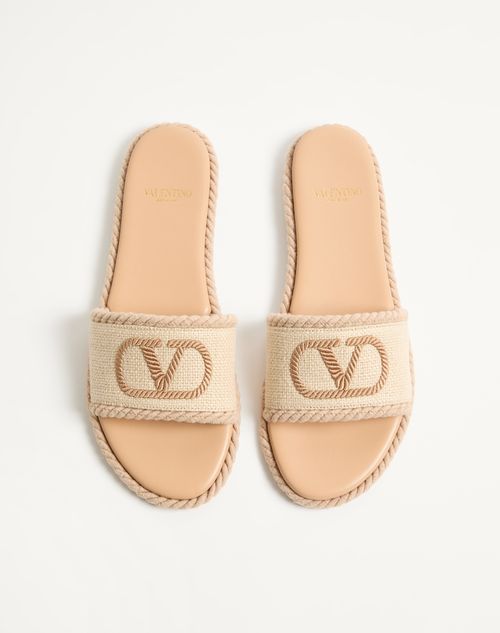 Valentino Garavani - Vlogo Torchon Slide Sandal In Linen Canvas - Ecru - Woman - Slides And Thongs