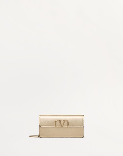 Valentino Garavani - Vlogo Signature Metallic Grainy Calfskin Wallet With Chain - Platinum - Woman - Wallets And Small Leather Goods