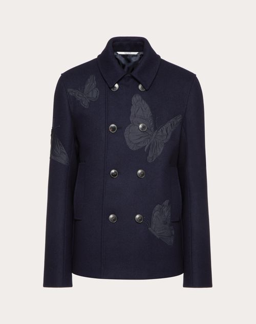 Valentino - Wool Pea Coat With Valentino Utopia Butterfly Embroidery - Navy - Man - Man Ready To Wear Sale