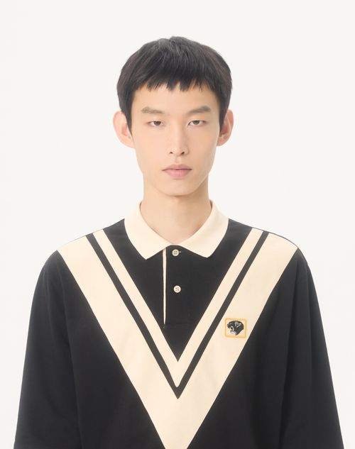 Valentino - Valentino Cotton Polo With Inlaid V And Embroidered Panther Patch - Black/butter - Man - Tshirts And Sweatshirts