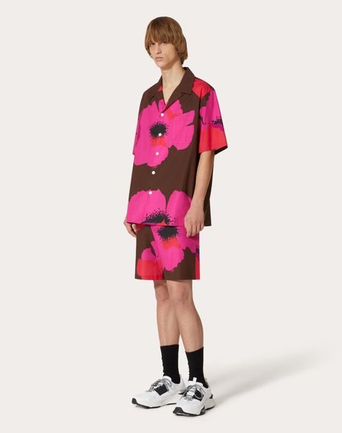 Valentino - Cotton Poplin Bowling Shirt With Valentino Flower Portrait Print - Tobacco/pink Pp - Man - Man Ready To Wear Sale