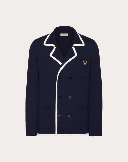 Valentino - Double-breasted Wool Jacket With Metallic V Detail - Navy/ivory - Man - Coats And Blazers