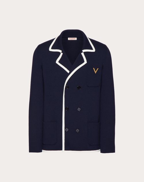 Valentino - Double-breasted Wool Jacket With Metallic V Detail - Navy/ivory - Man - Shelf - Mrtw - Pre Ss24 Vdetail+denim Toile Iconographe