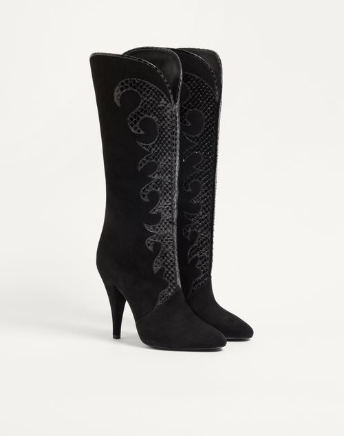 Valentino Garavani - Boutade Suede Boot With Elaphe Details 105mm - Black - Woman - Boots And Ankle Boots