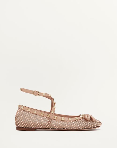 Valentino Garavani - Ballerines Rockstud En Tissu Ajouré Avec Cristaux - Rose Cannelle - Femme - Ballerines