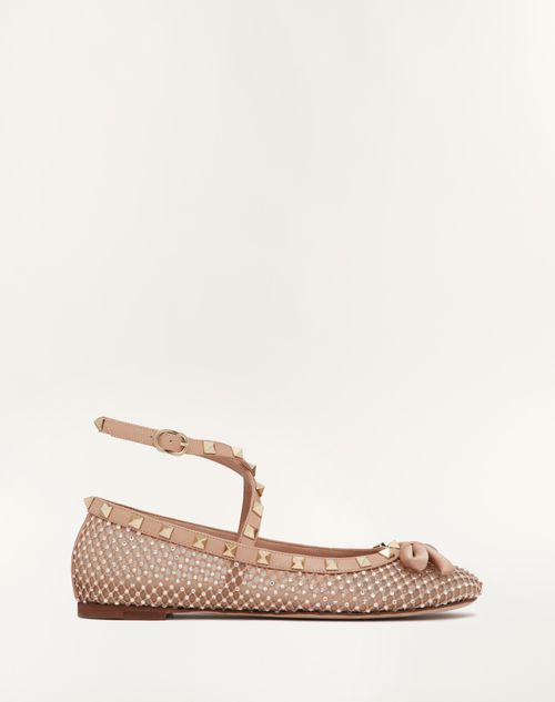 Valentino Garavani - Ballerines Rockstud En Tissu Ajouré Avec Cristaux - Rose Cannelle - Femme - Ballerines