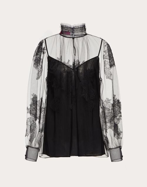 Valentino - Top In Tulle Illusione And Lace - Black - Woman - Shirts And Tops