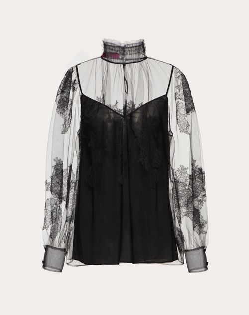 Valentino - Top In Tulle Illusione And Lace - Black - Woman - Shirts & Tops
