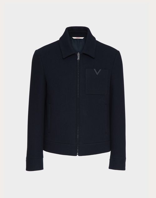 Valentino - Wool Jacket With Metallic V Detail - Navy - Man - Outerwear