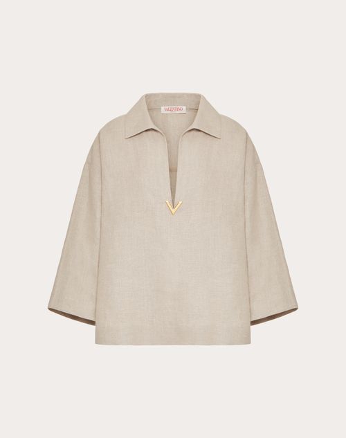 Valentino - Top In Tela Lino - Beige Gravel - Donna - Camicie E Top