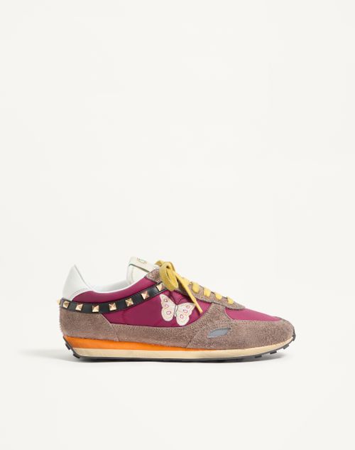 Valentino Garavani - Stud Up Sneaker In Split Leather And Nylon With Butterfly Embroidery - Insolent/multicolour - Man - Sneakers