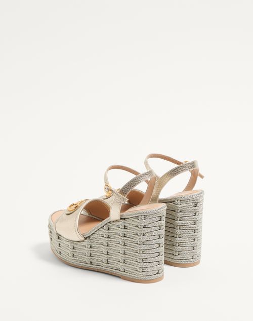 Valentino Garavani - VLOGO SIGNATURE WEDGE SANDAL IN LAMINATED GRAINY CALFSKIN 120MM - Platinum - Woman - Espadrilles And Wedges