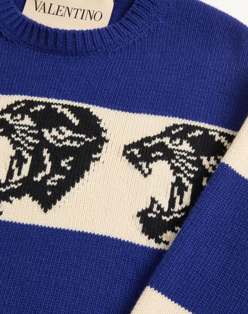 Valentino - Valentino Wool Sweater With Jacquard Panther Pattern - Indigo/butter - Man - Knitwear