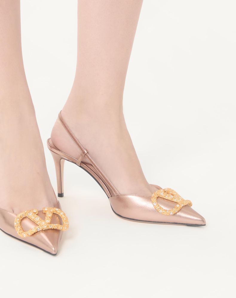Valentino Garavani Vlogo Signature Slingback Pump In Laminated Nappa Leather 80Mm Woman Rose Cannelle/Crystal 38.5