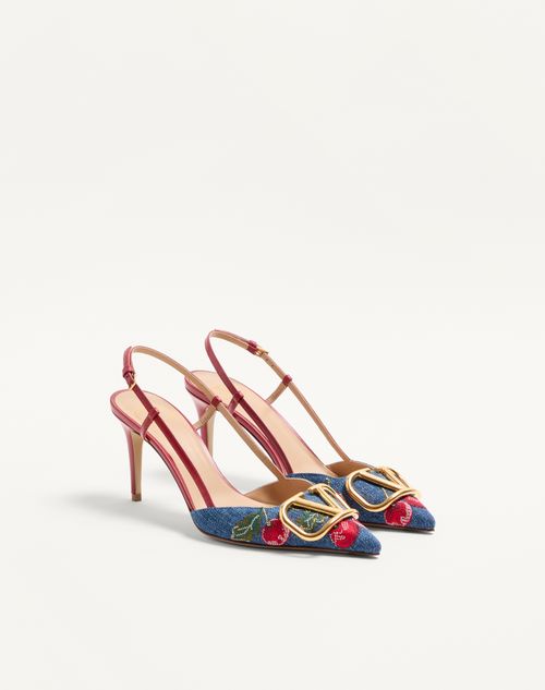 Valentino Garavani - Décolleté Slingback Vlogo Signature In Denim Con Ricamo Cherryfic 80mm - Denim/multicolor - Donna - Décolleté