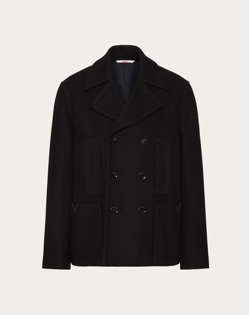 Valentino - Technical Wool Cloth Peacoat With Rubberised V Detail - Black - Man - Outerwear