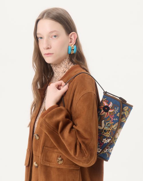 Valentino Garavani - Valentino Garavani Devain Small Shoulder Bag In Embroidered Denim - Denim/multicolor - Woman - Shoulder Bags