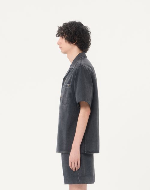 Valentino - Valentino Denim Bowling Shirt With Vgold - Black - Man - Denim