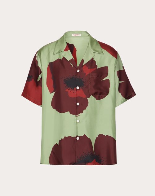Valentino - Camisa De Bowling De Sarga De Seda Con Estampado Valentino Flower Portrait - Menta/rojo/rubí - Hombre - Rebajas Ready To Wear Para Hombre