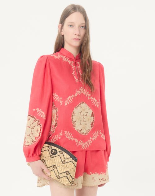 Valentino - Top In Couture Linen Ricamato - Corallo/beige - Donna - Camicie E Top