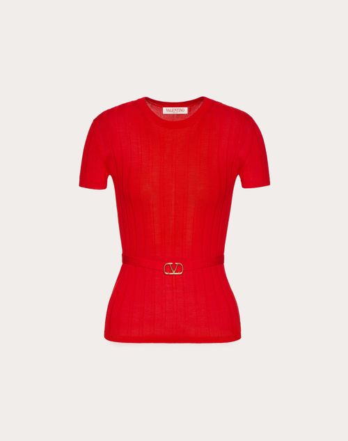 Valentino - Suéter De Lana Con Cinturón Con El Vlogo Signature - Rojo - Mujer - Prendas De Punto