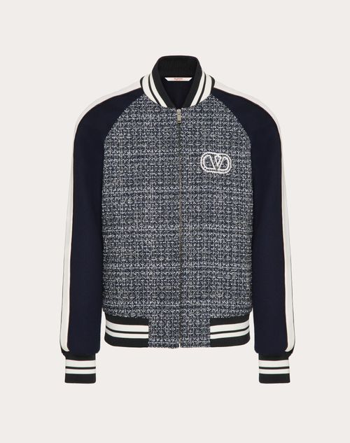 Valentino - Cotton And Viscose Tweed Bomber Jacket With Vlogo Signature Patch - White/navy - Man - Outerwear