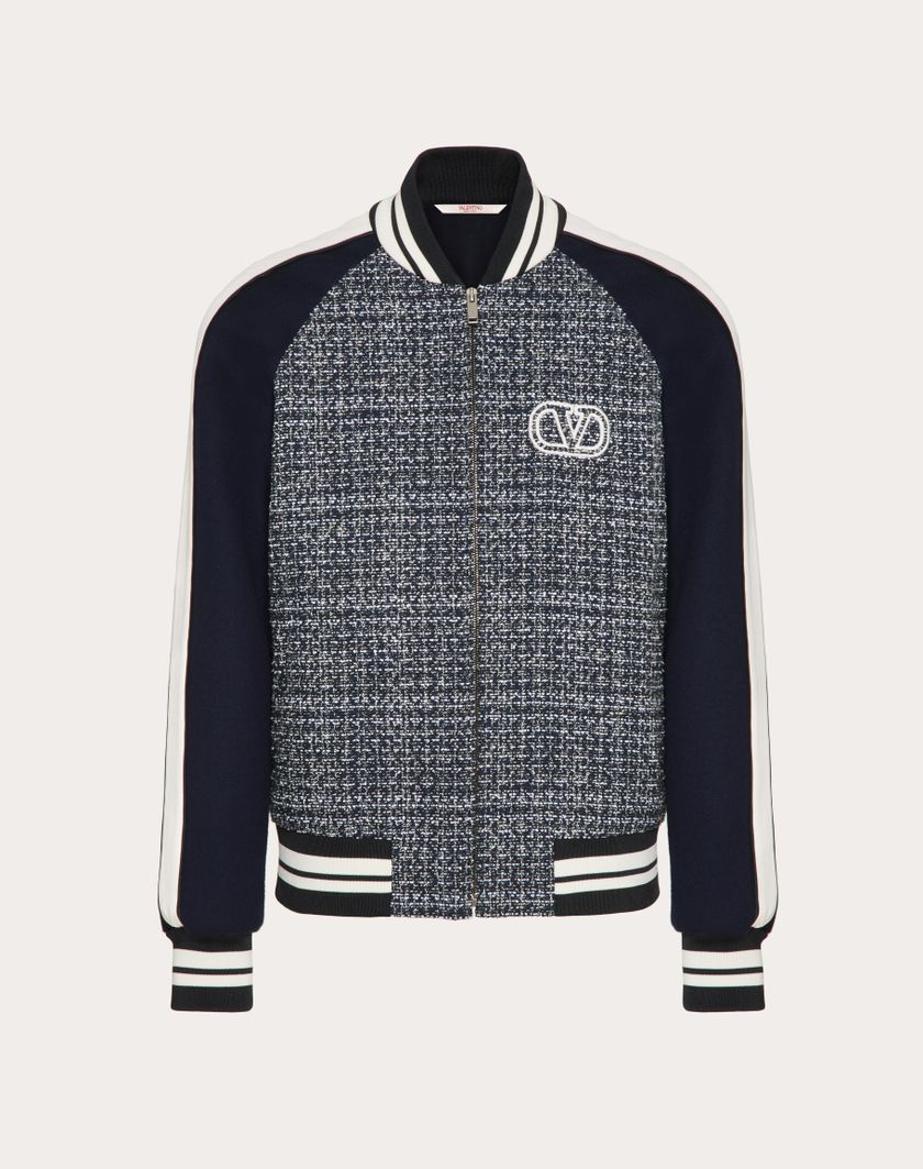 Valentino Handbags Bomber In Tweed Di Cotone E Viscosa Con Patch Vlogo Signature per Uomo in Bianco/navy | Valentino IT