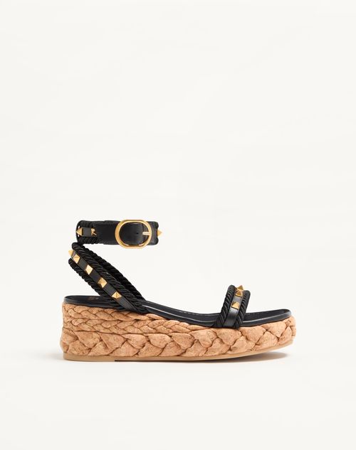 Valentino Garavani - Rockstud Flatform Sandal In Calfskin 60mm - Black/natural - Woman - Espadrilles And Wedges