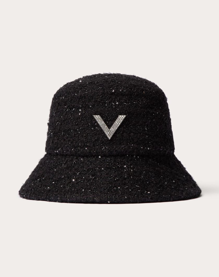 Valentino Handbags Cappello Bucket V Detail In Tweed Con Applicazione V In Metallo Cristalli Pave' Swarovski® per Donna in Nero | Valentino IT