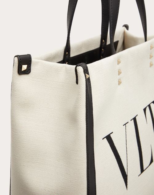 V Logo Small Canvas Tote Bag in Beige - Valentino Garavani