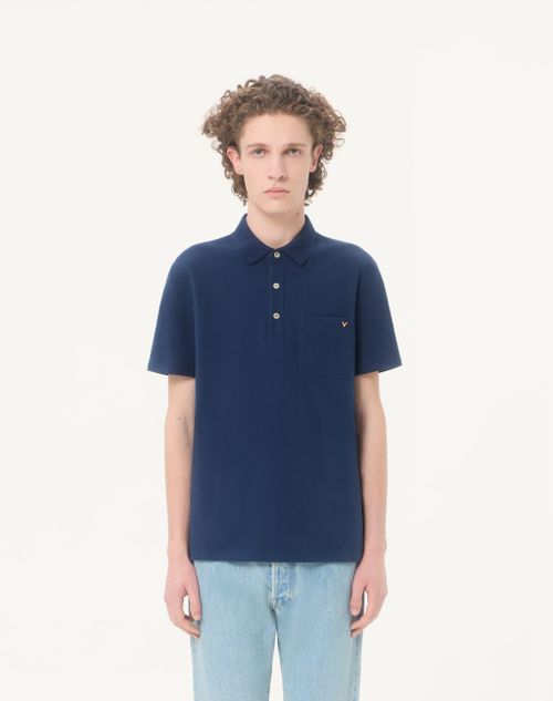 Valentino - Valentino Polo Shirt In Cotton Piquet With Vgold - Blue - Man - T-shirts And Sweatshirts