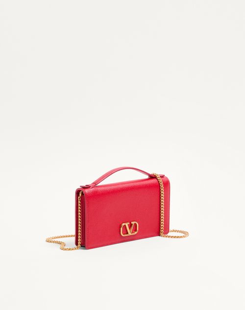 Valentino Garavani - Vlogo Signature Grainy Calfskin Wallet With Chain - Rouge Pur - Woman - Valentino Garavani Vlogo Signature Mini Bags New