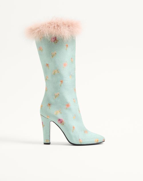 Valentino Garavani - Bottes Hotty En Tissu Chiné À Motif Floral Et À Pois, Ornées De Plumes, Talon : 100 mm - Bleu Ciel - Femme - Bottes