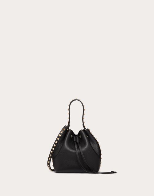 Rockstud Grainy Calfskin Bucket Bag for Woman in Black