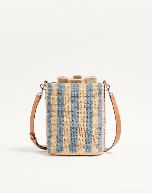 Valentino Garavani - Valentino Garavani Small Striped Raffia Bucket Bag - Natural/azure - Woman - Shoulder Bags