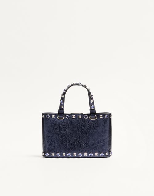 Valentino Garavani - Minibolso De Compras Valentino Garavani Rockstud De Cuero De Becerro Laminado - Azul Marino - Mujer - Bolsos Shopping
