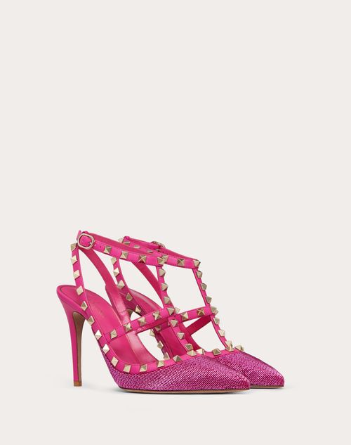 Valentino Garavani - Satin Rockstud Pump With All-over Tubes Embroidery And Straps 100mm - Pink - Woman - Rockstud Pumps - Shoes